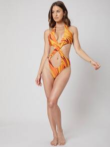 SHEIN O-Ring Marbled Cutout One-Piece Swimsuit, For Summer Beach Vacation - Multicolor - View 8