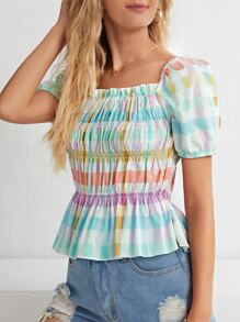 Top peplum con fruncido de guingán - Multicolor - Ver 1