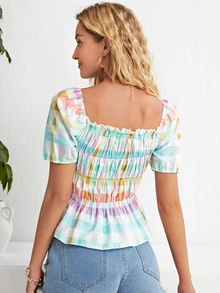 Top peplum con fruncido de guingán - Multicolor - Ver 2