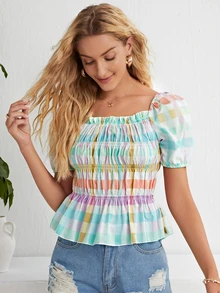 Top peplum con fruncido de guingán - Multicolor - Ver 3