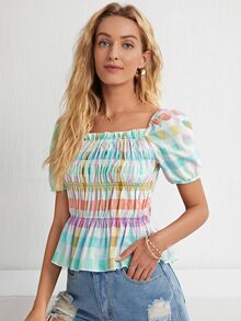 Top peplum con fruncido de guingán - Multicolor - Ver 4