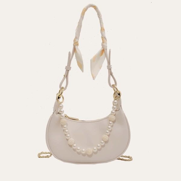 

Beaded Decor Chain Shoulder Bag, Beige
