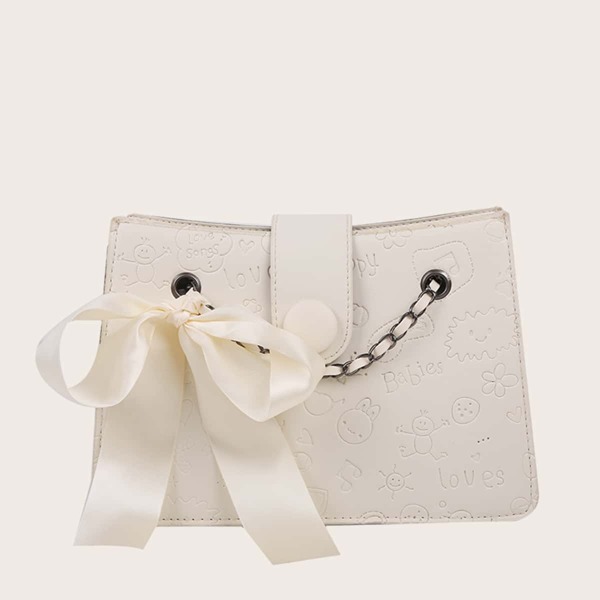 

Twilly Scarf Decor Cartoon Embossed Shoulder Bag, Beige
