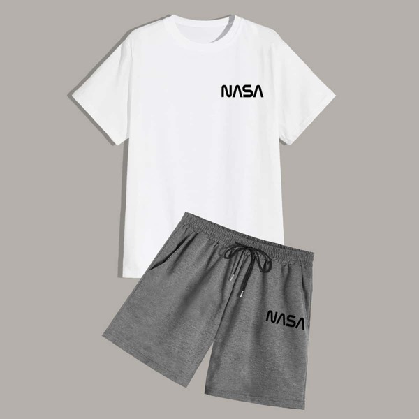 

Men Letter Graphic Tee With Drawstring Waist Shorts, Multicolor
