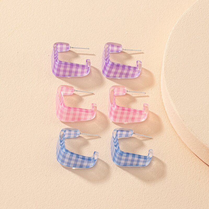 

3pairs Plaid Hoop Earrings, Multicolor