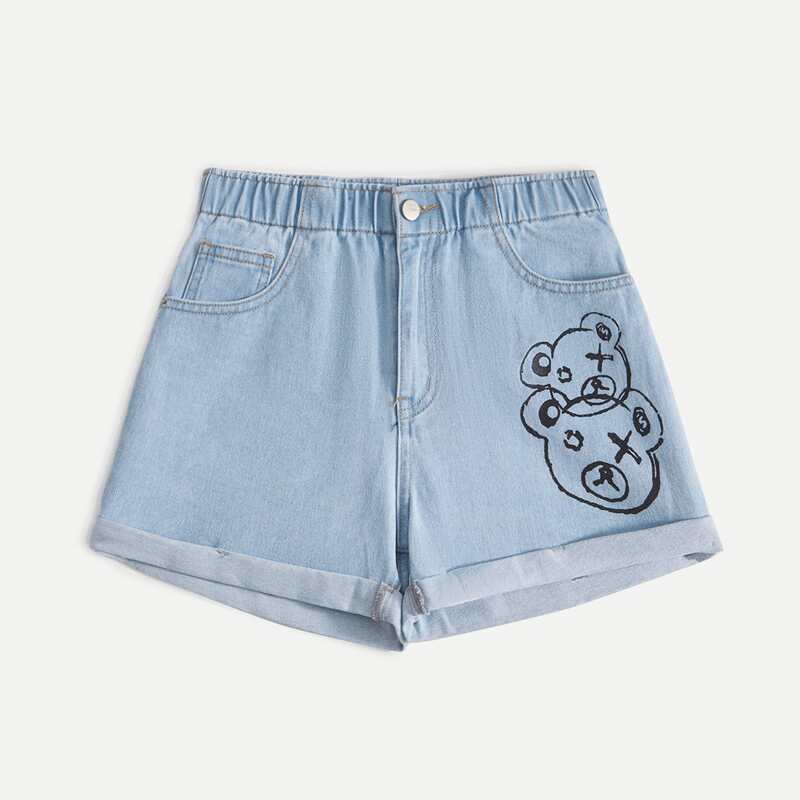 

Cartoon Bear Graphic Cuffed Denim Shorts, Light wash