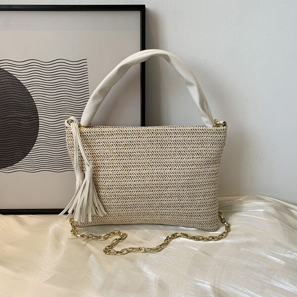 

Tassel Decor Chain Straw Bag, Beige
