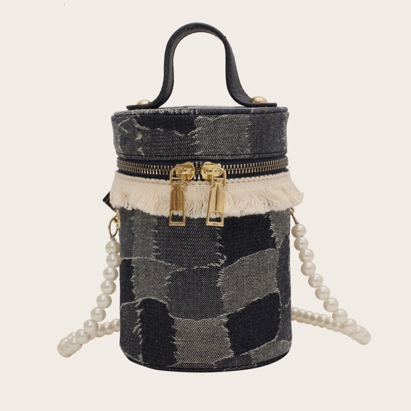 

Fringe Trim Patchwork Denim Bucket Bag, Navy blue