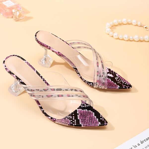 

Snakeskin Print Sandal Mules, Purple