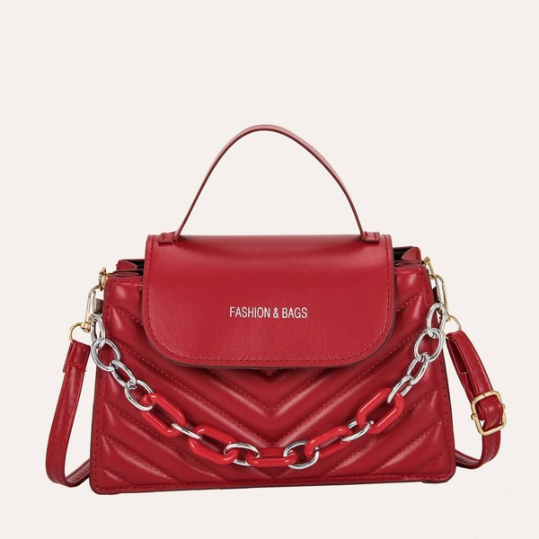 

Chain Decor Chevron Satchel Bag, Red