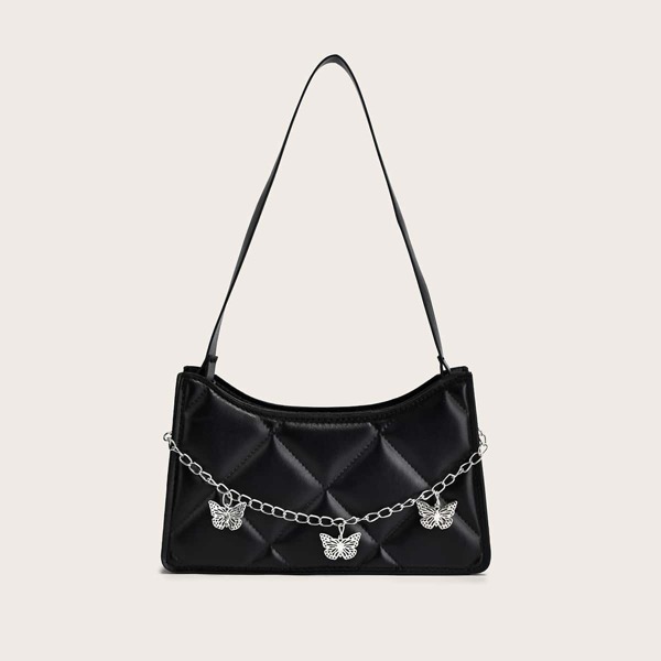 

Metal Butterfly Charm Quilted Baguette Bag, Black