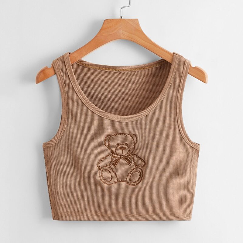 

Cartoon Bear Embroidery Ribbed Tank Top, Mocha brown