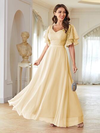 فستان وصيفة العروسة دانتيل متباين اللون اكمام فراشة ماكسي