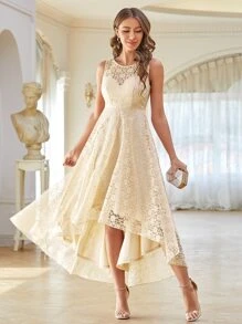 High Low Hem Lace Prom Dress - Apricot - View 1