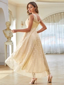 High Low Hem Lace Prom Dress - Apricot - View 2