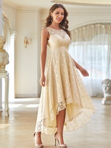 High Low Hem Lace Prom Dress - Apricot - View 3