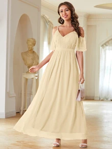 Đầm Tương phản ren Cắt ra Dây kéo màu trơn Hấp dẫn - Màu be - Xem 1