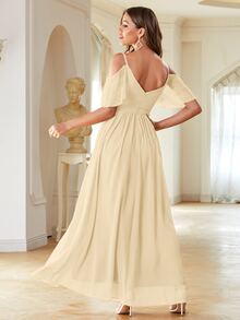 Đầm Tương phản ren Cắt ra Dây kéo màu trơn Hấp dẫn - Màu be - Xem 2