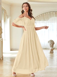 Đầm Tương phản ren Cắt ra Dây kéo màu trơn Hấp dẫn - Màu be - Xem 3