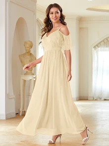 Đầm Tương phản ren Cắt ra Dây kéo màu trơn Hấp dẫn - Màu be - Xem 4