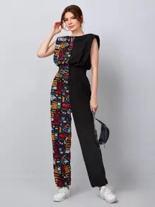 Mulvari Shoulder Pad Letter Graphic Jumpsuit - Multicolor - View 2