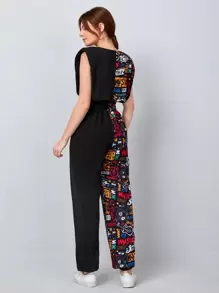 Mulvari Shoulder Pad Letter Graphic Jumpsuit - Multicolor - View 3