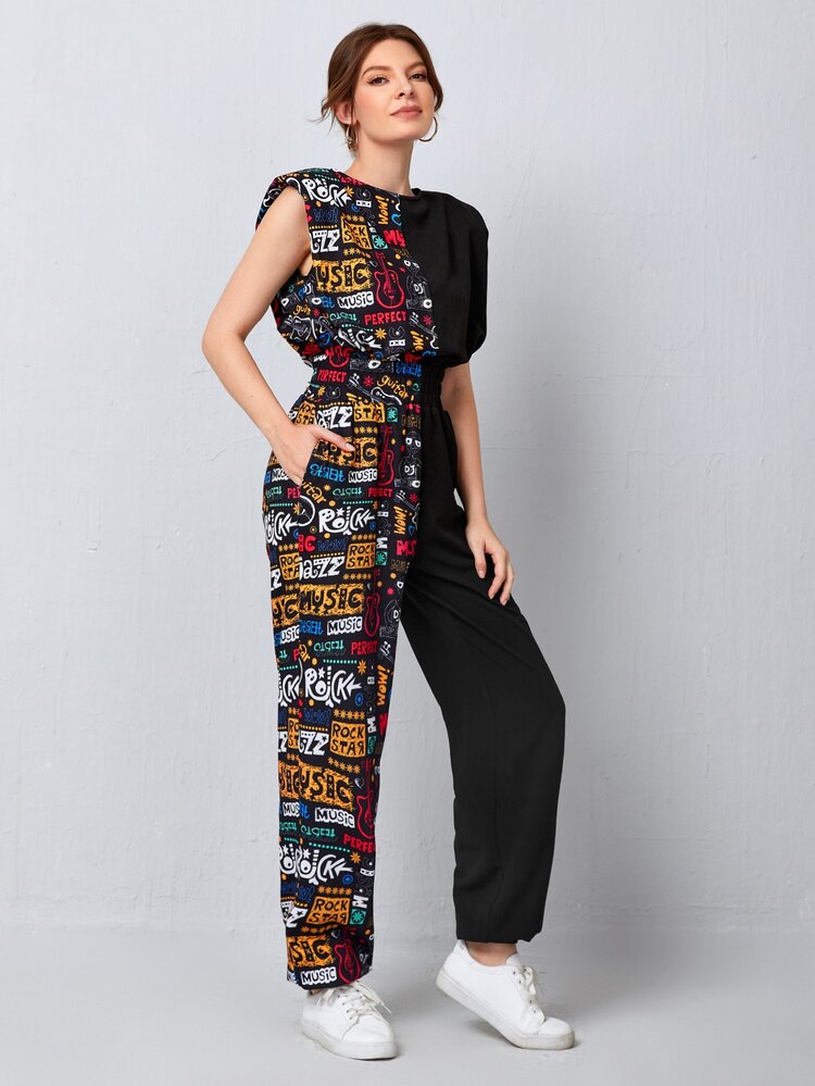 Mulvari Shoulder Pad Letter Graphic Jumpsuit - Multicolor - View 3