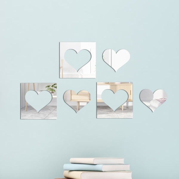 

1set Heart Design Mirror Surface Wall Sticker, Silver