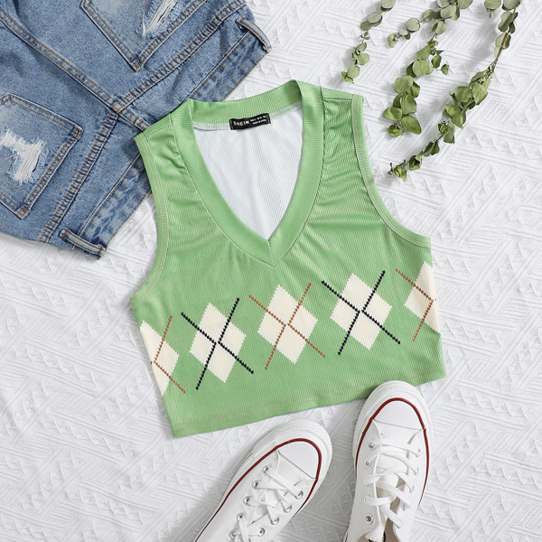 

Argyle Print Tank Top, Olive green