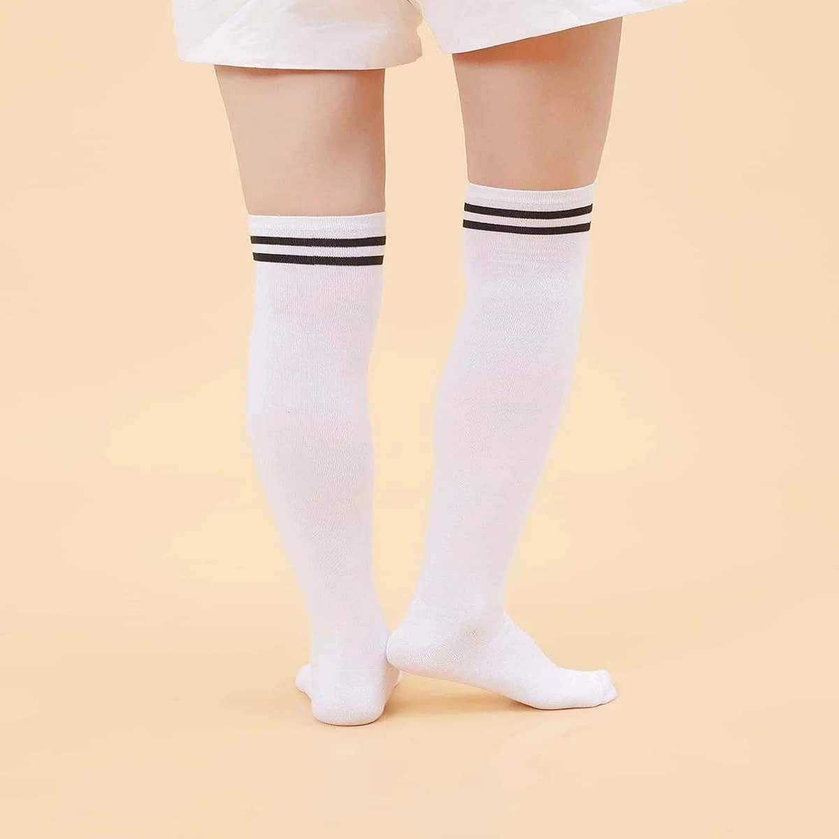 

1pair Striped Stockings, White