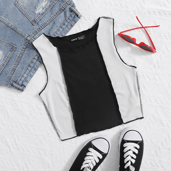 

Color Block Crop Tank Top, Black and white