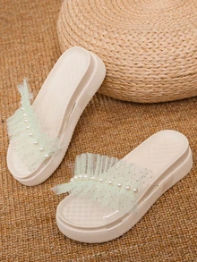 Faux Pearl & Ruffle Decor Slide Sandals - White - View 3