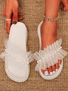 Faux Pearl & Ruffle Decor Slide Sandals - White - View 4
