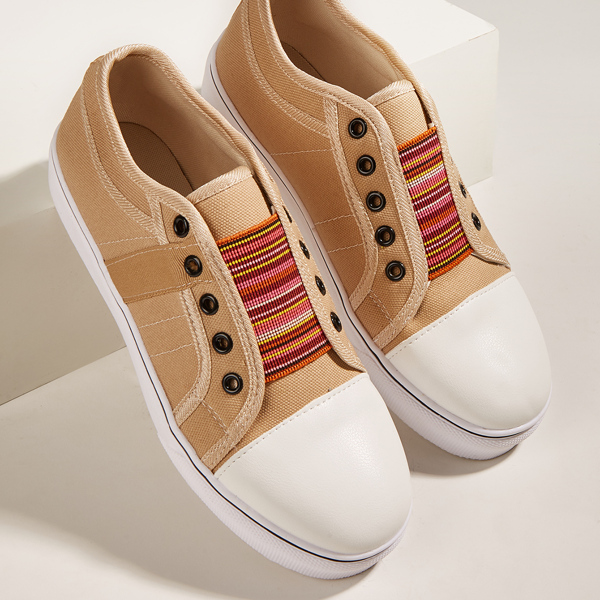 

Colorful Striped Slip-On Canvas Shoes, Khaki