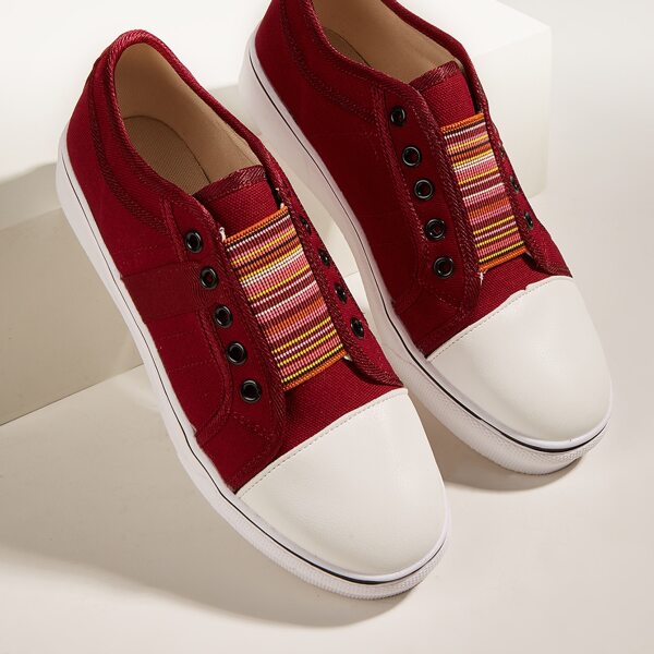 

Colorful Striped Slip-On Canvas Shoes, Burgundy