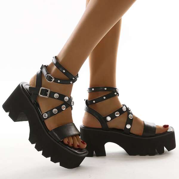

Studded Decor Flatform Sandals, Black