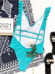 SHEIN Swim Summer Beach Ruffle Trim One Piece Swimsuit - Mint Blue - View 2