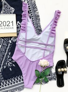 Ruffle Trim One-Piece Swimsuit, For Summer Beach Vacation - Purple - View 2