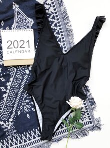 Ruffle Trim One-Piece Swimsuit, For Summer Beach Vacation - Black - View 5
