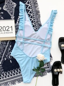 Ruffle Trim One-Piece Swimsuit, For Summer Beach Vacation - Baby Blue - View 2