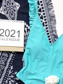 SHEIN Swim Summer Beach Ruffle Trim One Piece Swimsuit - Mint Blue - View 3