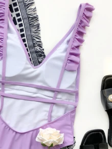 Ruffle Trim One-Piece Swimsuit, For Summer Beach Vacation - Purple - View 3