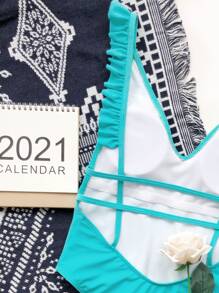 SHEIN Swim Summer Beach Ruffle Trim One Piece Swimsuit - Mint Blue - View 4