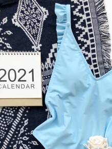 Ruffle Trim One-Piece Swimsuit, For Summer Beach Vacation - Baby Blue - View 3