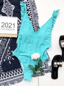 SHEIN Swim Summer Beach Ruffle Trim One Piece Swimsuit - Mint Blue - View 5