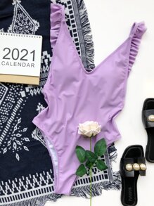 Ruffle Trim One-Piece Swimsuit, For Summer Beach Vacation - Purple - View 5