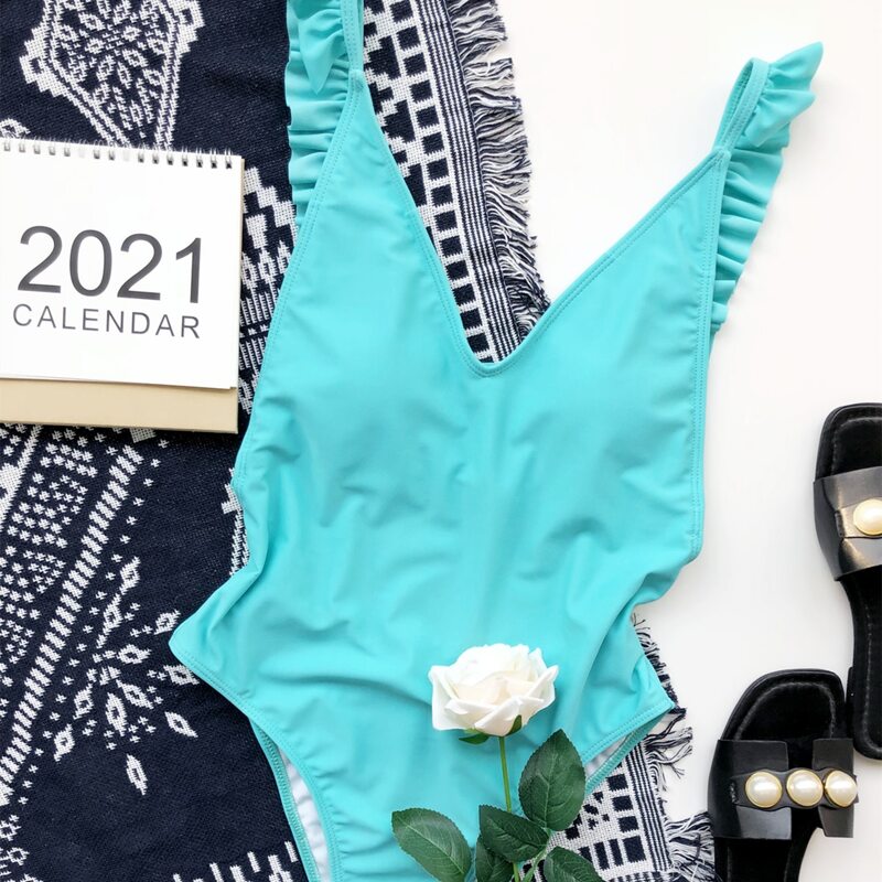 

Ruffle Trim One Piece Swimsuit, Mint blue