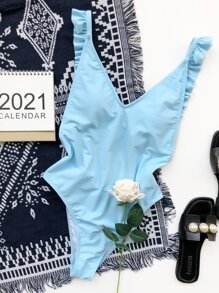 Ruffle Trim One-Piece Swimsuit, For Summer Beach Vacation - Baby Blue - View 5
