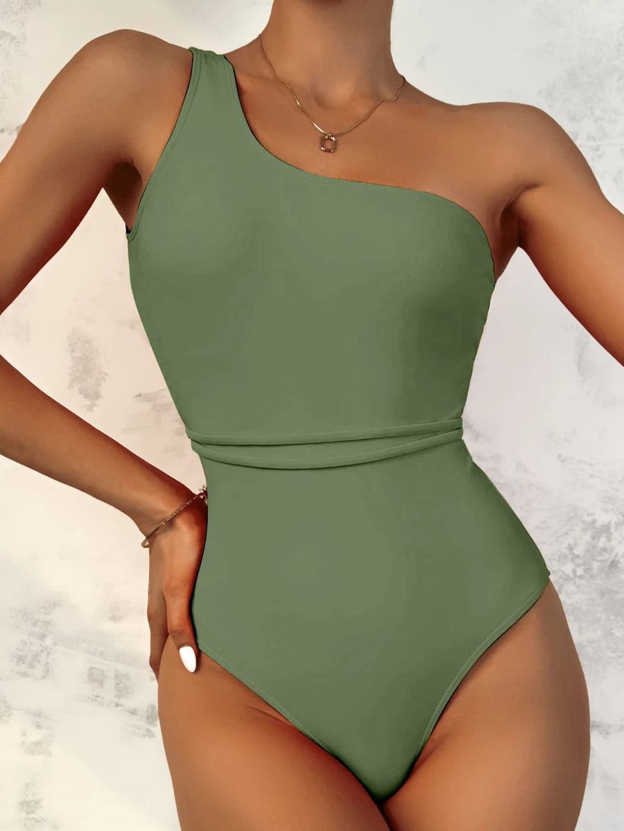 SHEIN Swim Summer Beach One Shoulder One Piece Swimsuit - Army Green - View 1