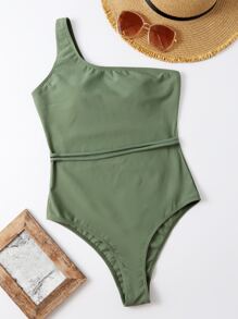 SHEIN Swim Summer Beach One Shoulder One Piece Swimsuit - Army Green - View 5